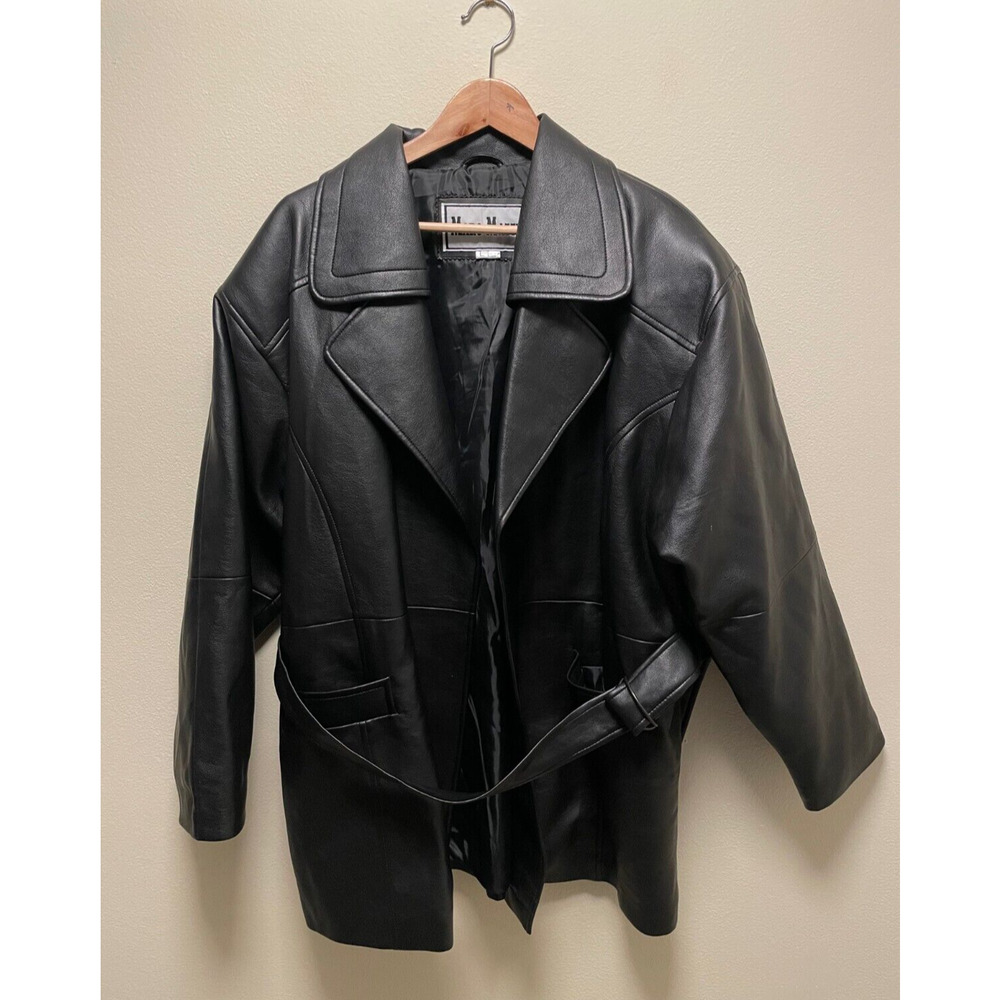 Vintage Marc Mattis Womens Jacket Large Black Vegan Leather Belted Grunge Y2K